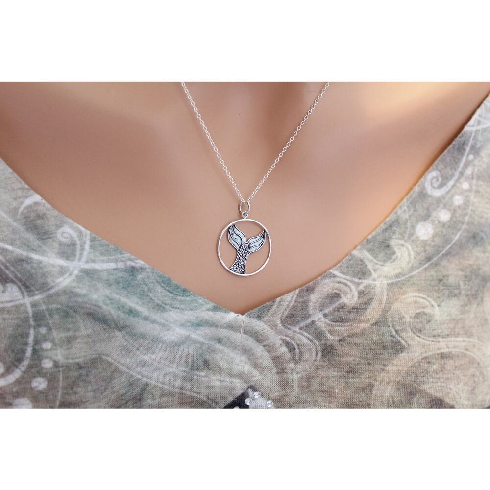 Sterling Silver Mermaid Tail Pendant Necklace, Mermaid Tail Circle Necklace - Picture 3 of 4